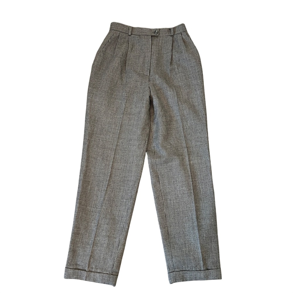Evan-Picone Trousers Women 4 Grey Cream Houndstooth Worsted Wool Pleated Cuffed